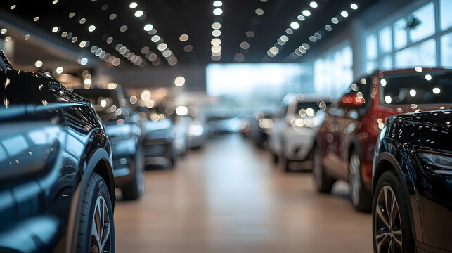 1. A hazy perspective of newly unveiled vehicles showcased within an automobile showroom. 