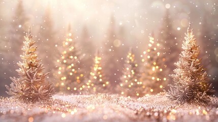 Naklejka premium Magical winter wonderland scene with glittering Christmas trees sparkling snow and a warm cozy atmosphere This enchanting landscape evokes the festive spirit of the holiday season
