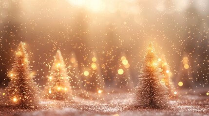 Naklejka premium Enchanting winter wonderland scene with glimmering Christmas trees covered in snow surrounded by a soft sparkling glow of festive lights Peaceful serene landscape with a cozy