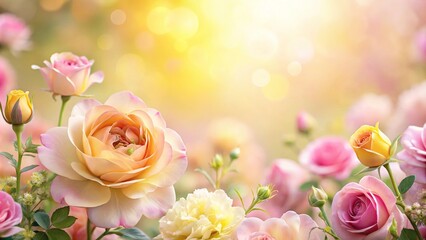 Obraz premium Description: Beautiful rose flower background in pastel pink and yellow, perfect for spring garden themes and gardening concepts