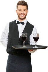 Kellner in Uniform serviert Rotwein