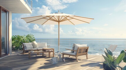 Ultra detailed balcony with oceanfront scenery, featuring a daybed