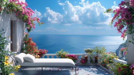 Ultra detailed balcony with oceanfront scenery, featuring a cozy daybed