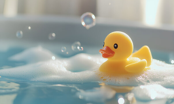 Yellow rubber duck is floating in a bathtub filled with bubbles