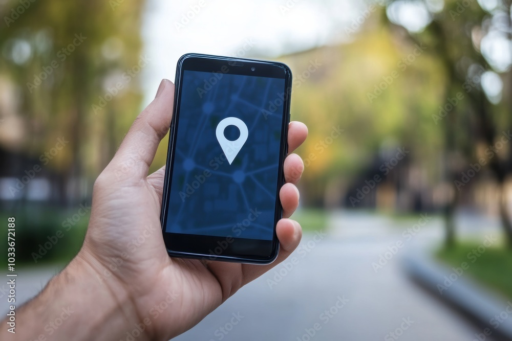 Fototapete a person uses a mobile phone to view a location pin on a clear screen, signifying navigation in a vi