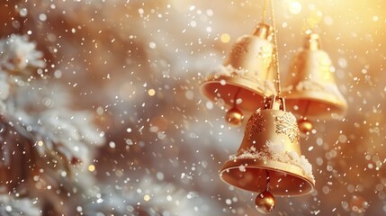Sparkling Christmas bells hanging with glittering icicles and snowflakes in a festive winter wonderland backdrop  The jingle bells in red gold and silver are suspended