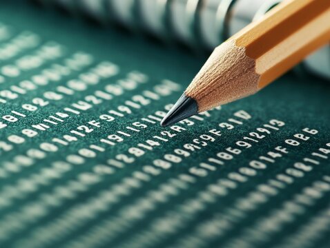 A close-up of a pencil poised above a page filled with sequential numbers and a spiral notebook, highlighting a focus on study or data entry.
