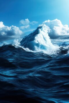 An iceberg tipping over into the ocean as it melts, symbolizing the destabilizing effects of global warming Isolated on a blue ocean background with waves
