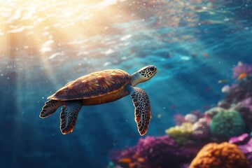 An endangered sea turtle struggling to find habitat in warmer ocean waters caused by global warming Isolated underwater scene with colorful marine life