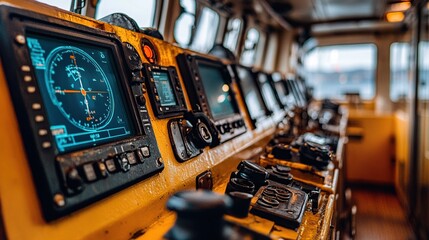Control room of a vessel with navigation equipment.