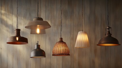 Obraz premium A collection of rustic pendant lights with wood grain, hammered metal, and pleated fabric shades, casting warm light.