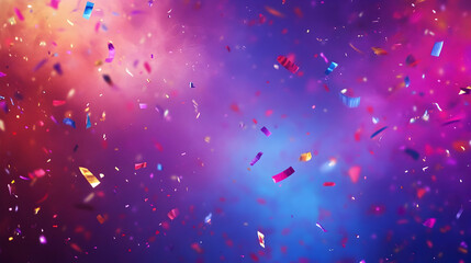 Colorful party with neon confetti flying across a purple, red, and blue background -