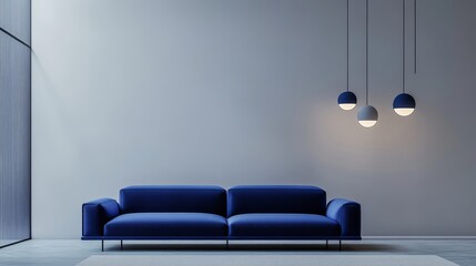 A minimalist living room with a vibrant blue sofa and matching pendant lights, set against a light gray wall.