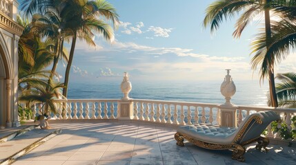 Ultra detailed balcony with oceanfront scenery, featuring a hammock chair