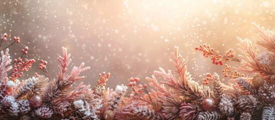 Picturesque snowy winter landscape with lush fir tree branches covered in frost and glistening bokeh lights creating a cozy and magical Christmas atmosphere