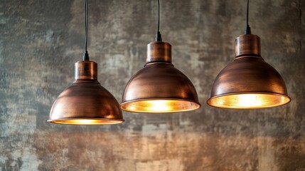 Obraz premium A set of three vintage copper pendant lights casting warm light against a textured, industrial-style wall.