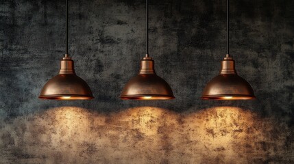 Obraz premium A set of three vintage copper pendant lights casting warm light against a textured, industrial-style wall.