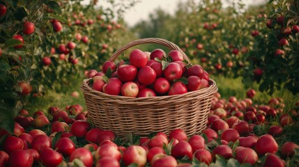 A bountiful apple harvest with a wicker basket full of red apples surrounded by fallen fruit in a lush green orchard, evoking the abundance and freshness of autumn