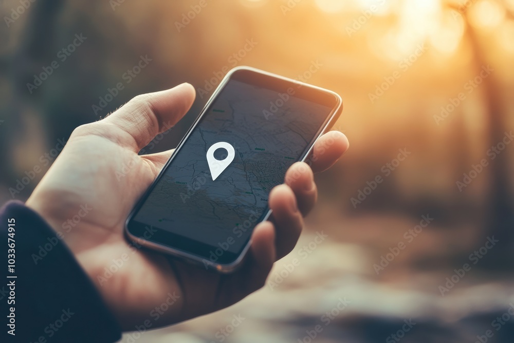 Aufkleber a hand is holding a smartphone with a location pin displayed on the screen, set against a soft sunse