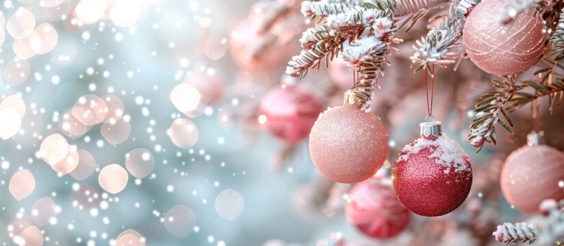 Vibrant red and pink Christmas ornaments and baubles hanging on snow covered fir tree branches with a blurred background of twinkling sparkling bokeh lights  This cozy