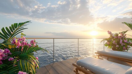 Ultra detailed balcony with oceanfront scenery, minimalist furniture