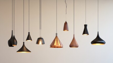 Collection of trendy lighting fixtures in PNG format, showcasing sleek pendants, sculptural lamps, and minimalist chandeliers.