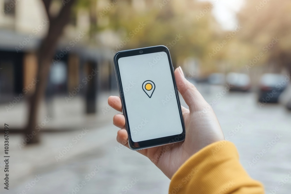Poster a person is using a smartphone with a location marker visible on the screen while walking in a city 