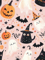 Cute Halloween Cats and Ghosts Pattern