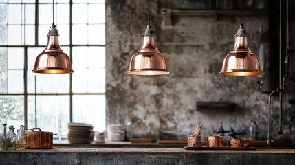 Obraz premium Copper pendant lights with a vintage look, glowing softly against a rough, industrial backdrop.