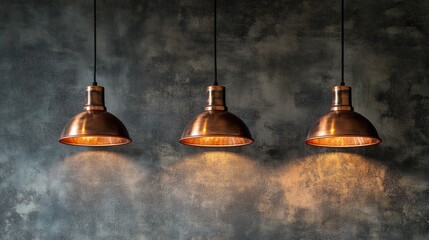Obraz premium Industrial-style trio of copper pendant lights with black cables, casting light on a raw wall.
