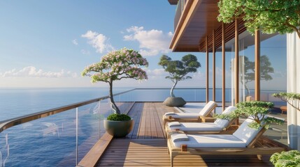 Ultra detailed balcony with oceanfront scenery, stylish sun loungers