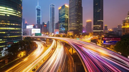 Fototapeta premium City Lights Skyscrapers Night View Traffic Long Exposure Photography, Urban Nightscape Busy Roads Bright Lights