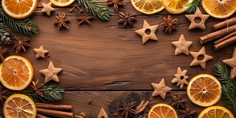 A festive flat lay featuring dried orange slices, star anise, cinnamon sticks, and star-shaped cookies, perfect for holiday-themed decorations or backgrounds on a rustic wooden table.