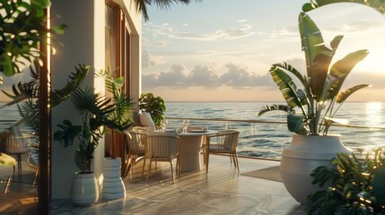 Ultra detailed balcony with oceanfront views, equipped with a dining table