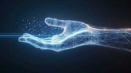 Futuristic hand image, glowing tech light in hand, digital particles, blue neon wireframe hand