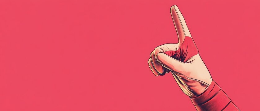 A stylized hand pointing upwards against a bright pink background. Generative AI background with copyspace