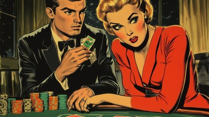 Vintage comic bookstyle ad campaign featuring melodramatic poker scenes