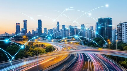 Obraz premium Cityscape Lights Trails, Modern Urban Traffic, Skyline Connections