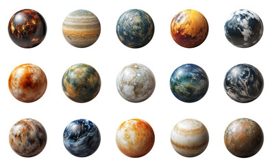 Set of 15 unique planet textures with various surface designs, isolated on transparent background, ideal for space, sci-fi, and fantasy world-building or graphic design projects