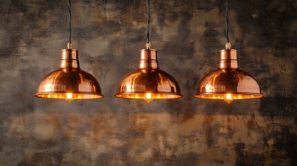Obraz premium Trio of vintage copper pendant lights creating warm ambiance against a rough interior wall.