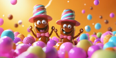 Fototapeta premium Dive into a Colorful Dessert Wonderland with Playful Characters and Sweet Treats