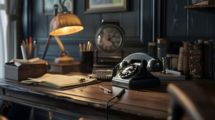 Close Up of Black Rotary Dial Phone on Wooden Table with Vintage Notebooks Pencils and Classic Desk Lamp for Retro Office Look