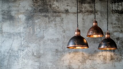 Fototapeta premium Vintage copper pendant lights set against a raw, textured wall, blending industrial and modern aesthetics.