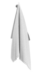Towel mockup hanging on hanger and hook mockup for design, branding, advertising. Empty of fluffy isolated fabric for luxury hotel or hospital or perfumed towel in resort, spa, bathroom template