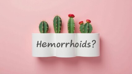 Creative display featuring cacti and a question about hemorrhoids on a pink background