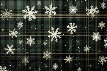 An elegant pattern of white snowflakes on a dark plaid background conveying a winter holiday atmosphere with a cozy and festive feel
