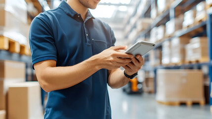 Real-time stock management in warehouse as workers in uniforms use barcode scanners for package tracking, manage goods, digital inventory screens display, order processing and logistics operations.