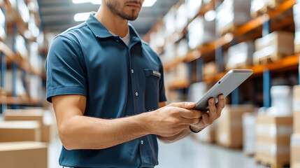 Real-time stock management in warehouse as workers in uniforms use barcode scanners for package tracking, manage goods, digital inventory screens display, order processing and logistics operations.