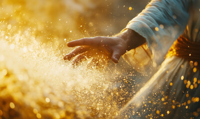 Cose-up of a hand creating a miraculous transformation, symbolizing Jesus turning water into wine, bathed in golden light, representing divine power and faith