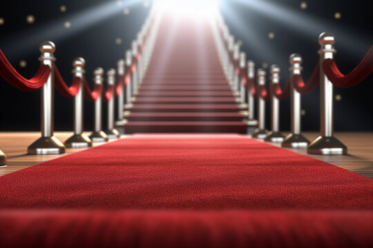 Escalier majestueux et tapis rouge &eacute;clair&eacute; par des projecteurs, encadr&eacute; de barri&egrave;res en velours, menant &agrave; une entr&eacute;e solennelle